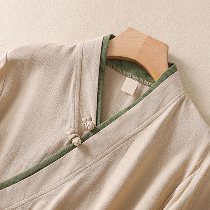 Camicia da donna in cotone e lino con maniche a tre quarti, motivo retrò con lacci e bottoni a rana, motivo Buddha Stones - image 3