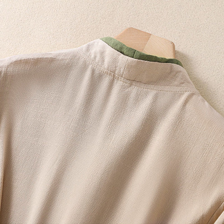 Camicia da donna in cotone e lino con maniche a tre quarti, motivo retrò con lacci e bottoni a rana, motivo Buddha Stones - image 4