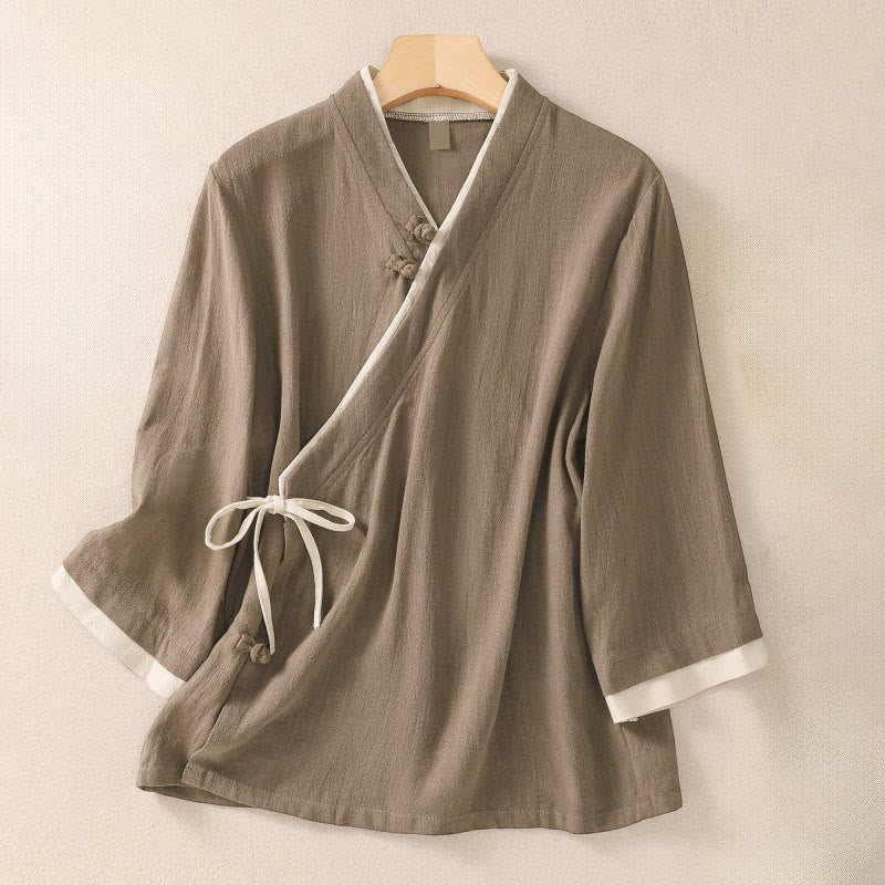 Camicia da donna in cotone e lino con maniche a tre quarti, motivo retrò con lacci e bottoni a rana, motivo Buddha Stones - Abbronzatura - US8-10, UK/AU12-14, EU40-42 (2XL) - image 14