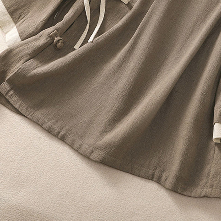 Camicia da donna in cotone e lino con maniche a tre quarti, motivo retrò con lacci e bottoni a rana, motivo Buddha Stones - image 21