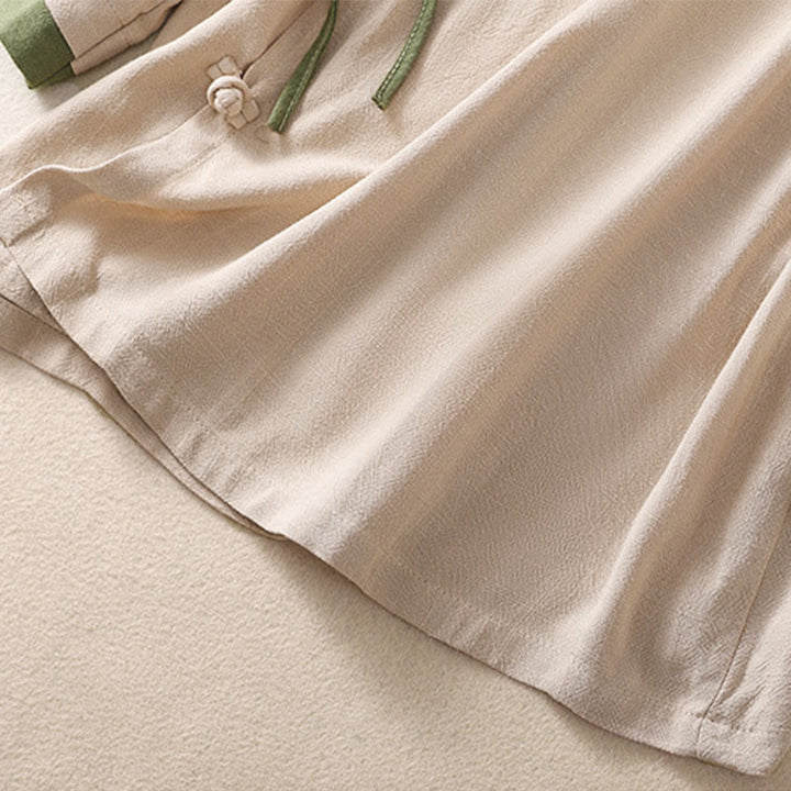 Camicia da donna in cotone e lino con maniche a tre quarti, motivo retrò con lacci e bottoni a rana, motivo Buddha Stones - image 12