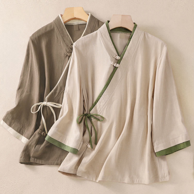 Camicia da donna a maniche a tre quarti con lacci e bottoni a forma di rana, stile retrò, con motivo Buddha Stones. - image 0