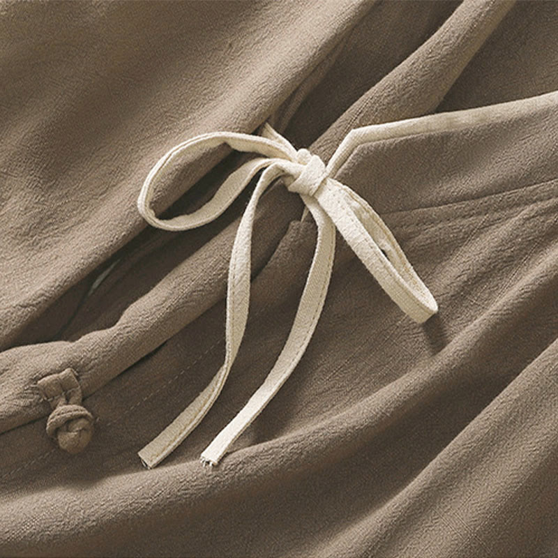 Camicia da donna in cotone e lino con maniche a tre quarti, motivo retrò con lacci e bottoni a rana, motivo Buddha Stones - image 19