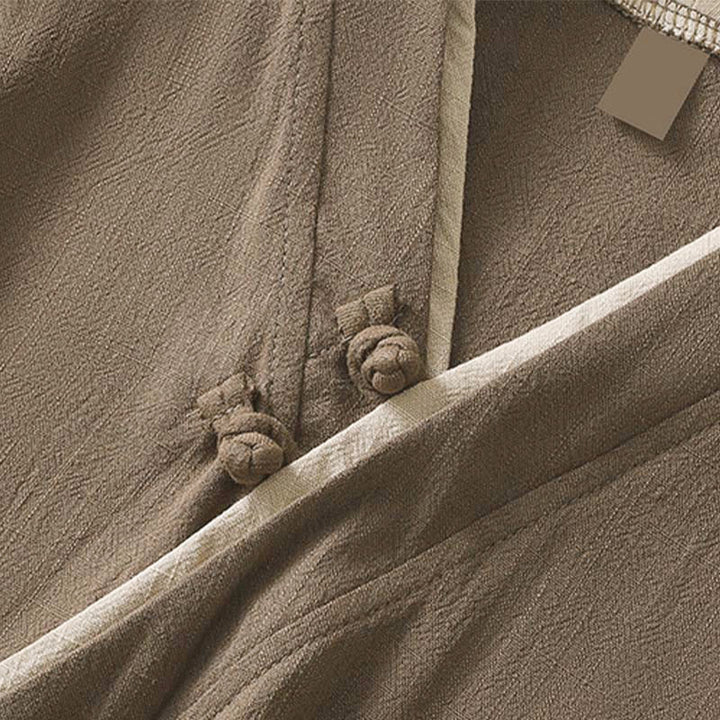 Camicia da donna in cotone e lino con maniche a tre quarti, motivo retrò con lacci e bottoni a rana, motivo Buddha Stones - image 18