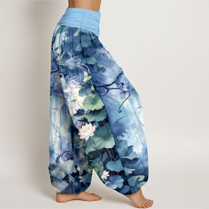 Pantaloni harem da donna con elastico in vita, in puro cotone, stile acquerello, motivo a fiori di loto e foglie, motivo Buddha Stones - image 2