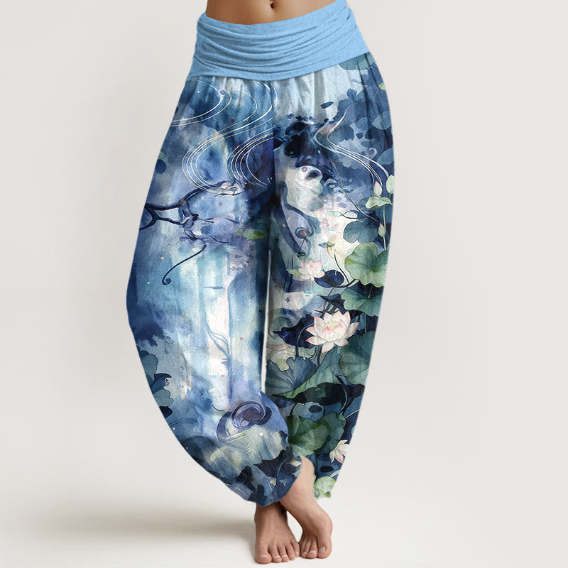 Pantaloni harem da donna con elastico in vita, in puro cotone, stile acquerello, motivo a fiori di loto e foglie, motivo Buddha Stones - Blu cielo profondo - US16, UK/AU20, EU48 (3XL) - image 0