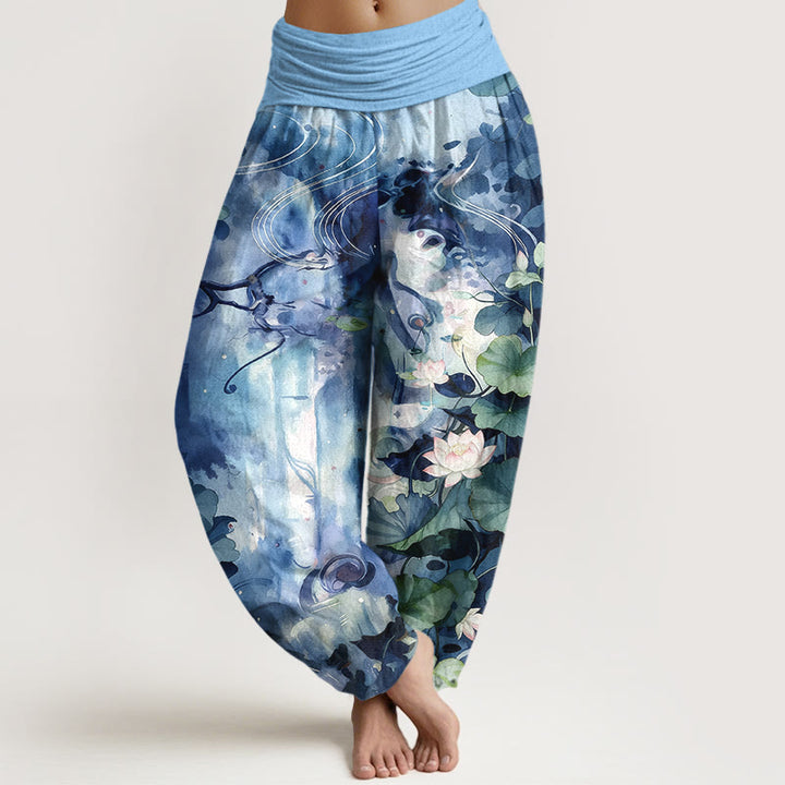 Pantaloni harem da donna con elastico in vita, in puro cotone, stile acquerello, motivo a fiori di loto e foglie, motivo Buddha Stones - Blu cielo profondo - US16, UK/AU20, EU48 (3XL) - image 0