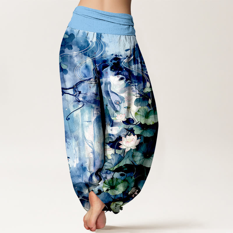 Pantaloni harem da donna con elastico in vita, in puro cotone, stile acquerello, motivo a fiori di loto e foglie, motivo Buddha Stones - image 1