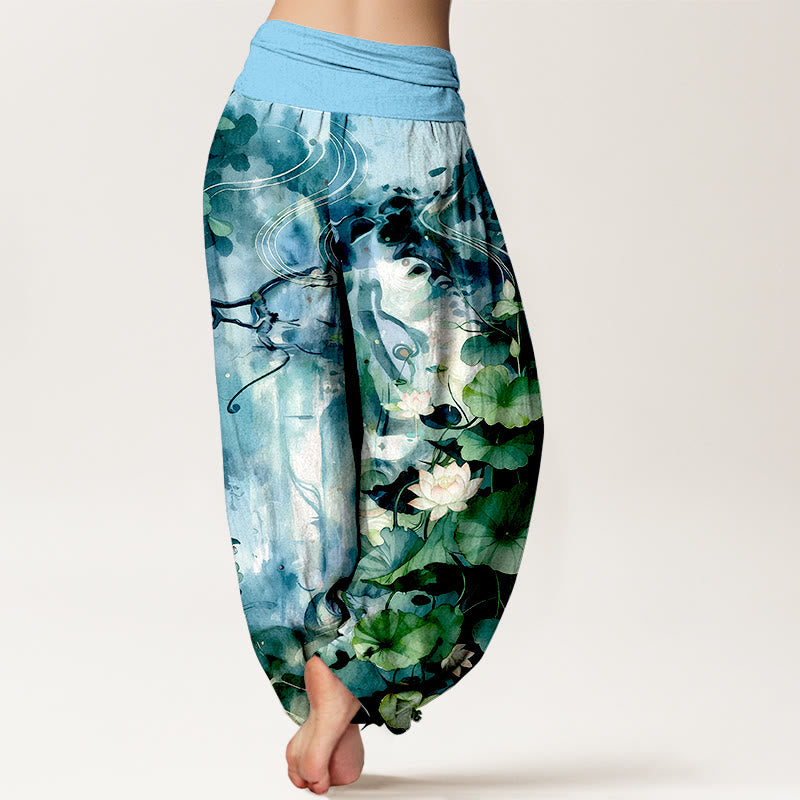 Pantaloni harem da donna con elastico in vita, in puro cotone, stile acquerello, motivo a fiori di loto e foglie, motivo Buddha Stones - image 6
