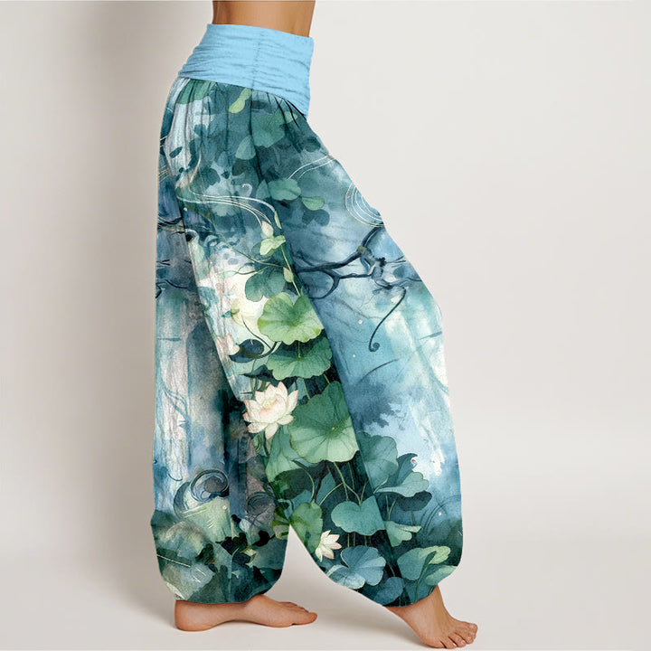 Pantaloni harem da donna con elastico in vita, in puro cotone, stile acquerello, motivo a fiori di loto e foglie, motivo Buddha Stones - image 7