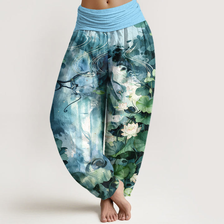 Pantaloni harem da donna con elastico in vita, in puro cotone, stile acquerello, motivo a fiori di loto e foglie, motivo Buddha Stones - AzzurroCielo Chiaro - US16, UK/AU20, EU48 (3XL) - image 5