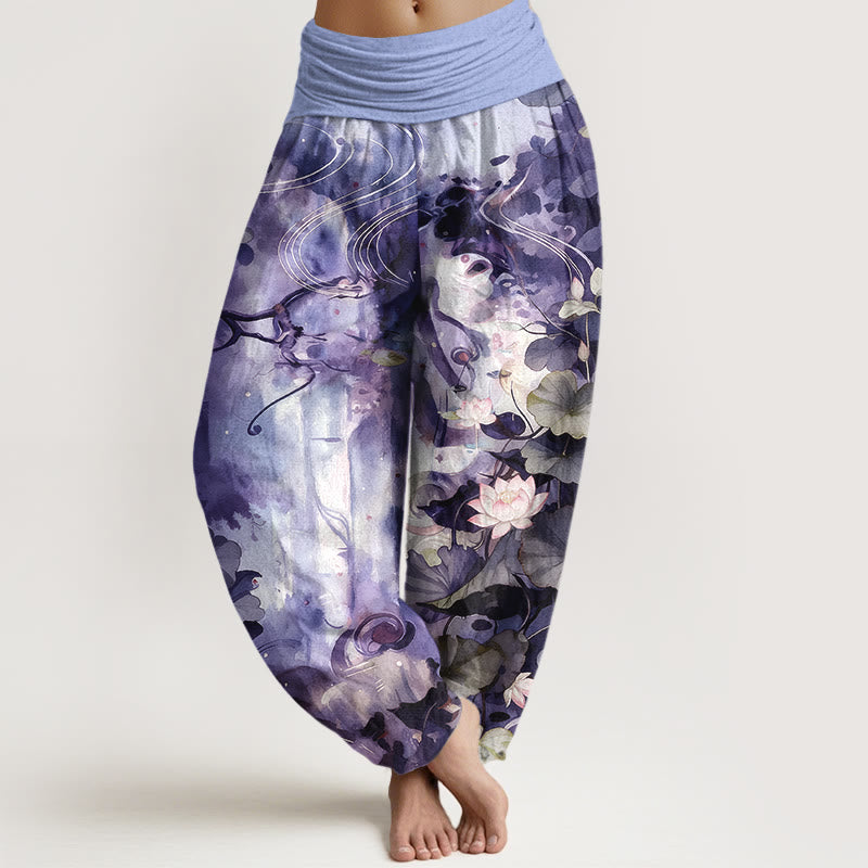 Pantaloni harem da donna con elastico in vita, in puro cotone, stile acquerello, motivo a fiori di loto e foglie, motivo Buddha Stones - DarkOrchid - US16, UK/AU20, EU48 (3XL) - image 8