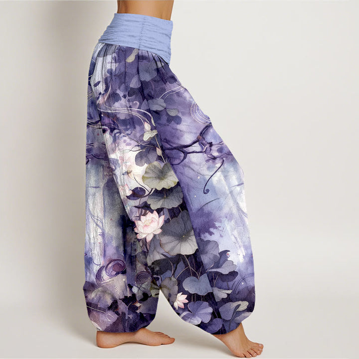Pantaloni harem da donna con elastico in vita, in puro cotone, stile acquerello, motivo a fiori di loto e foglie, motivo Buddha Stones - image 10