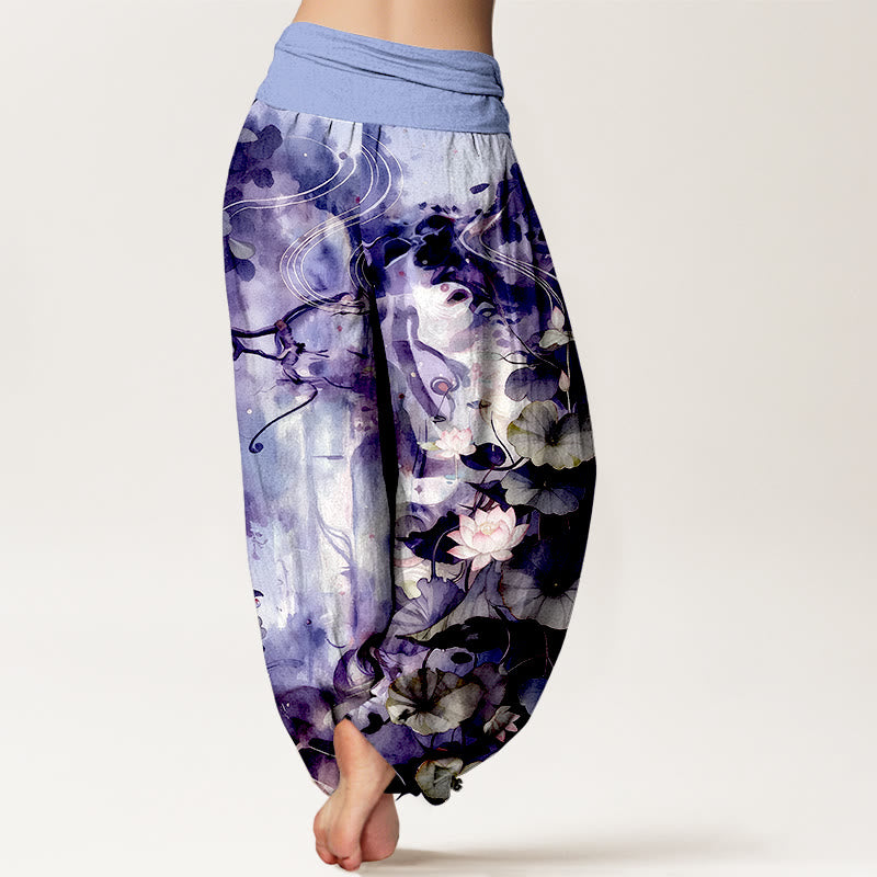 Pantaloni harem da donna con elastico in vita, in puro cotone, stile acquerello, motivo a fiori di loto e foglie, motivo Buddha Stones - image 9