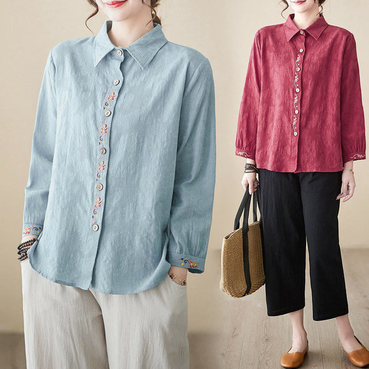 Camicia da donna in cotone con risvolto, a maniche lunghe, con motivo floreale ricamato, motivo Buddha Stones Spring - image 28