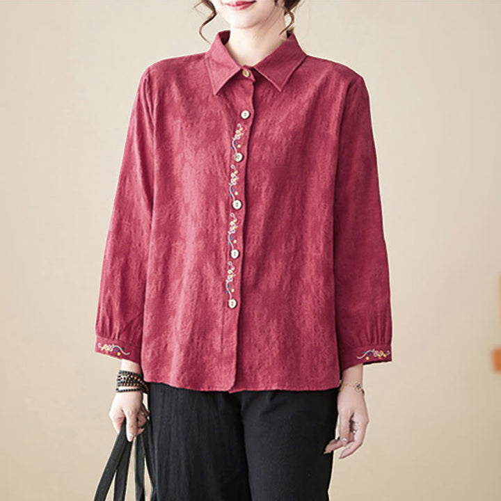 Camicia da donna in cotone con risvolto, a maniche lunghe, con motivo floreale ricamato, motivo Buddha Stones Spring - image 24