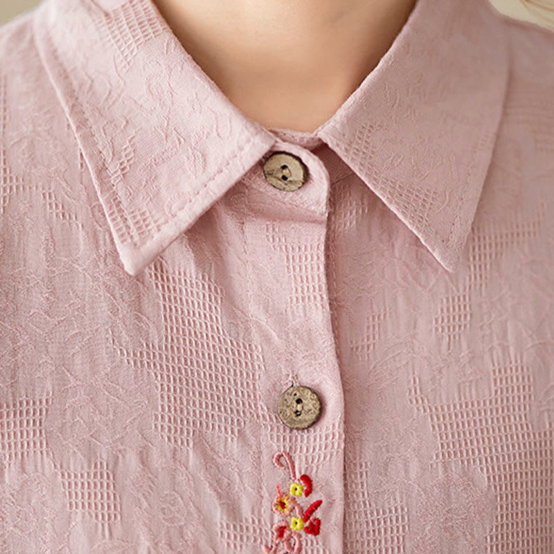 Camicia da donna in cotone con risvolto, a maniche lunghe, con motivo floreale ricamato, motivo Buddha Stones Spring - image 15