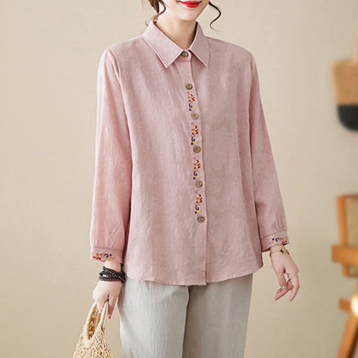 Camicia da donna in cotone con risvolto, a maniche lunghe, con motivo floreale ricamato, motivo Buddha Stones Spring - image 8