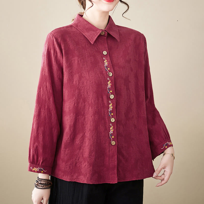 Camicia da donna in cotone con risvolto, a maniche lunghe, con motivo floreale ricamato, motivo Buddha Stones Spring - image 26