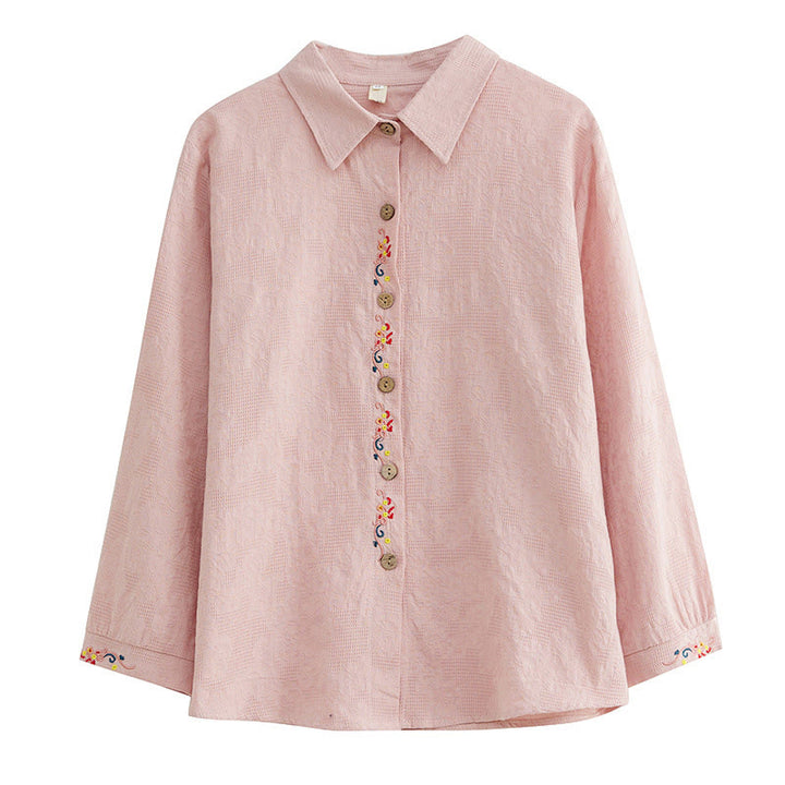 Camicia da donna in cotone con risvolto, a maniche lunghe, con motivo floreale ricamato, motivo Buddha Stones Spring - image 22