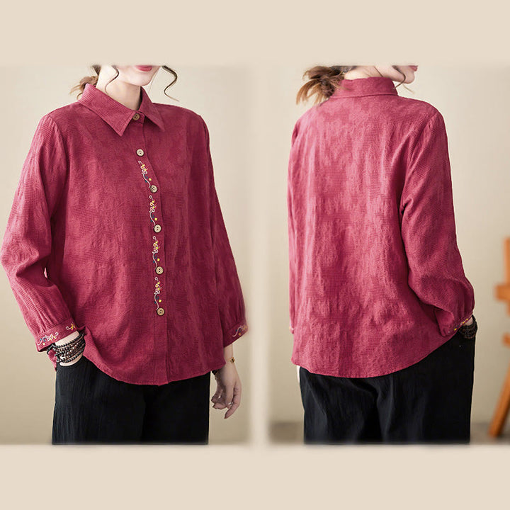 Camicia da donna in cotone con risvolto, a maniche lunghe, con motivo floreale ricamato, motivo Buddha Stones Spring - image 27