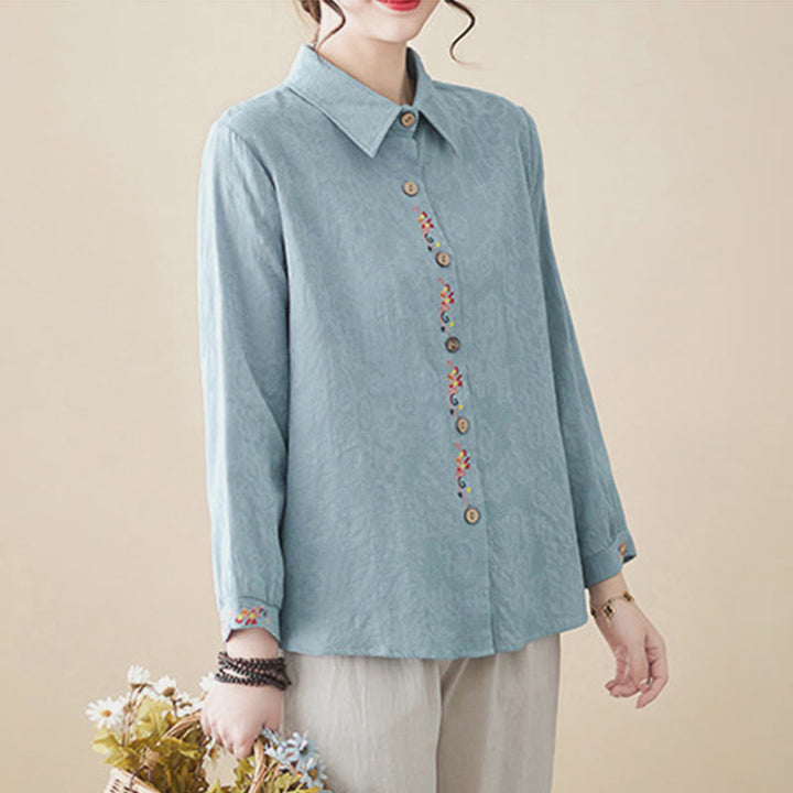 Camicia da donna in cotone con risvolto, a maniche lunghe, con motivo floreale ricamato, motivo Buddha Stones Spring - image 4