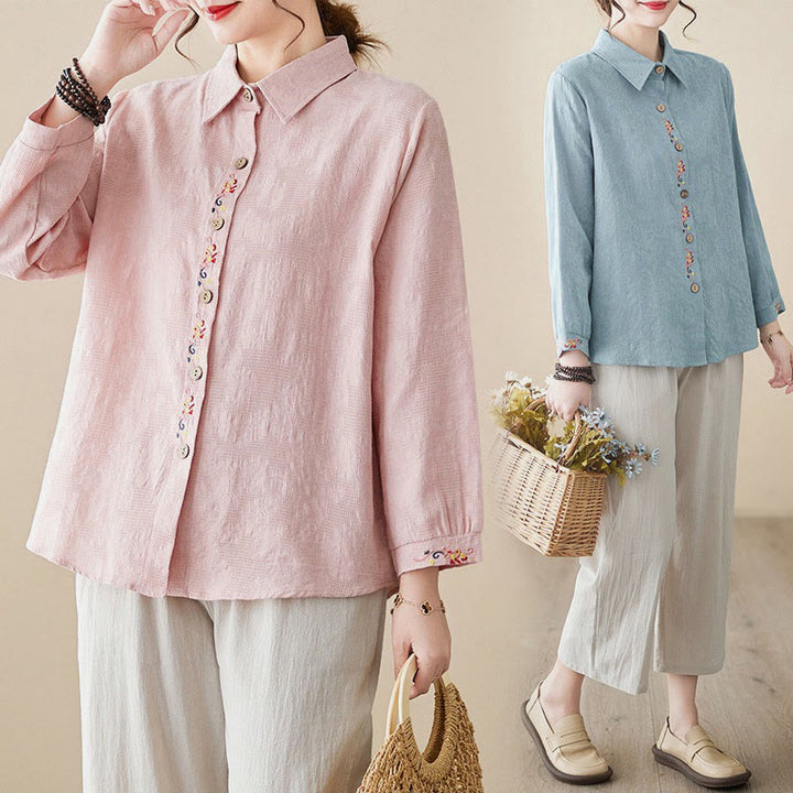 Camicia da donna in cotone con risvolto, a maniche lunghe, con motivo floreale ricamato, motivo Buddha Stones Spring - image 29