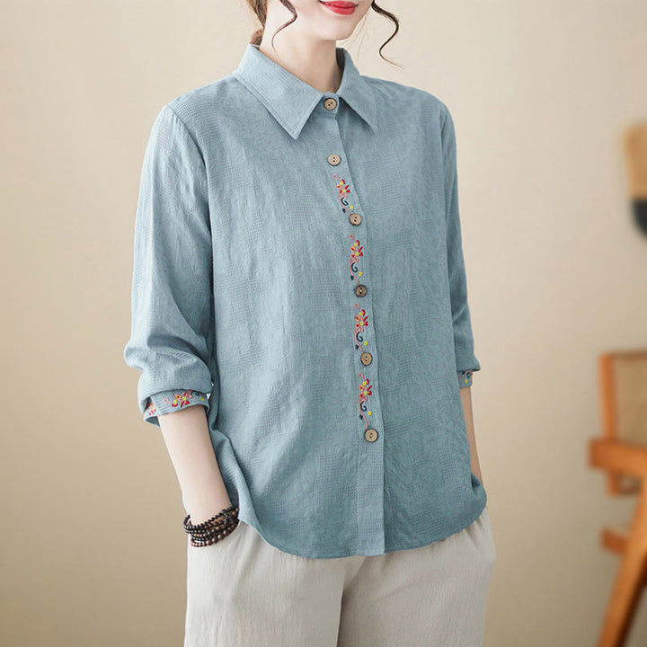 Camicia da donna in cotone con risvolto, a maniche lunghe, con motivo floreale ricamato, motivo Buddha Stones Spring - image 0
