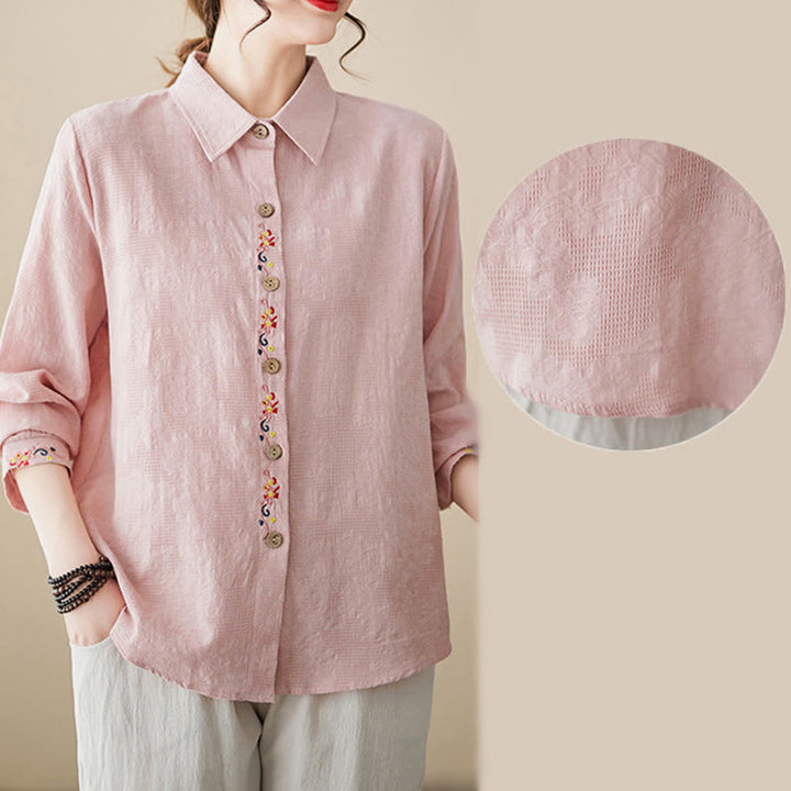Camicia da donna in cotone con risvolto, a maniche lunghe, con motivo floreale ricamato, motivo Buddha Stones Spring - image 13