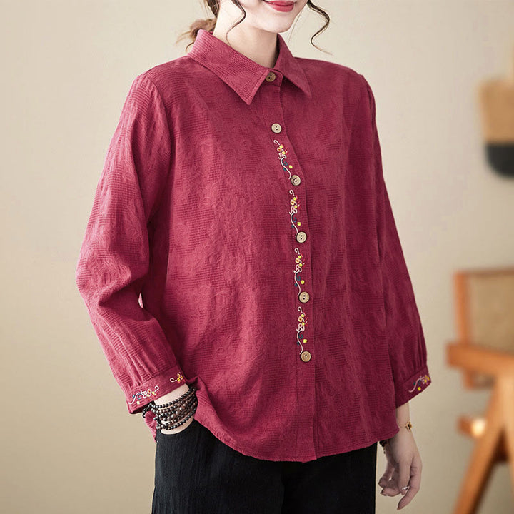 Camicia da donna in cotone con risvolto, a maniche lunghe, con motivo floreale ricamato, motivo Buddha Stones Spring - Rosso scuro - US12, UK/AU16, EU44 (3XL) - image 23