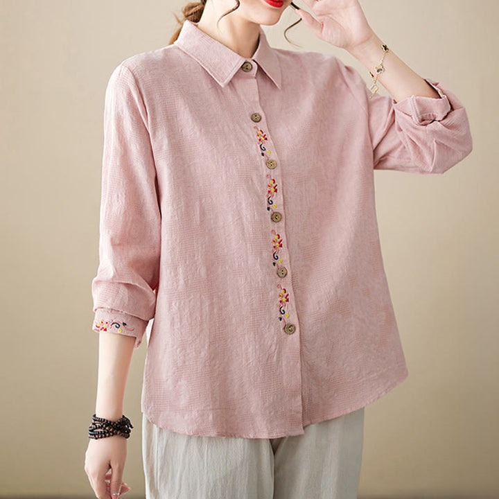 Camicia da donna in cotone con risvolto, a maniche lunghe, con motivo floreale ricamato, motivo Buddha Stones Spring - image 10