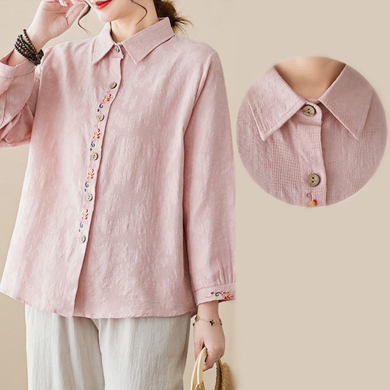 Camicia da donna in cotone con risvolto, a maniche lunghe, con motivo floreale ricamato, motivo Buddha Stones Spring - image 12