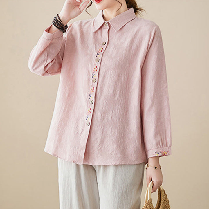 Camicia da donna in cotone con risvolto, a maniche lunghe, con motivo floreale ricamato, motivo Buddha Stones Spring - image 9