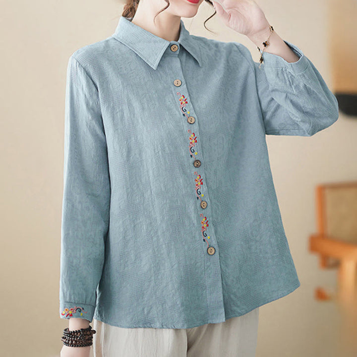 Camicia da donna in cotone con risvolto, a maniche lunghe, con motivo floreale ricamato, motivo Buddha Stones Spring - image 5