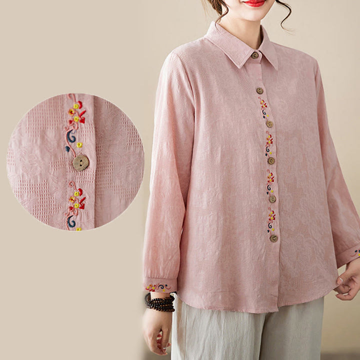 Camicia da donna in cotone con risvolto, a maniche lunghe, con motivo floreale ricamato, motivo Buddha Stones Spring - image 11
