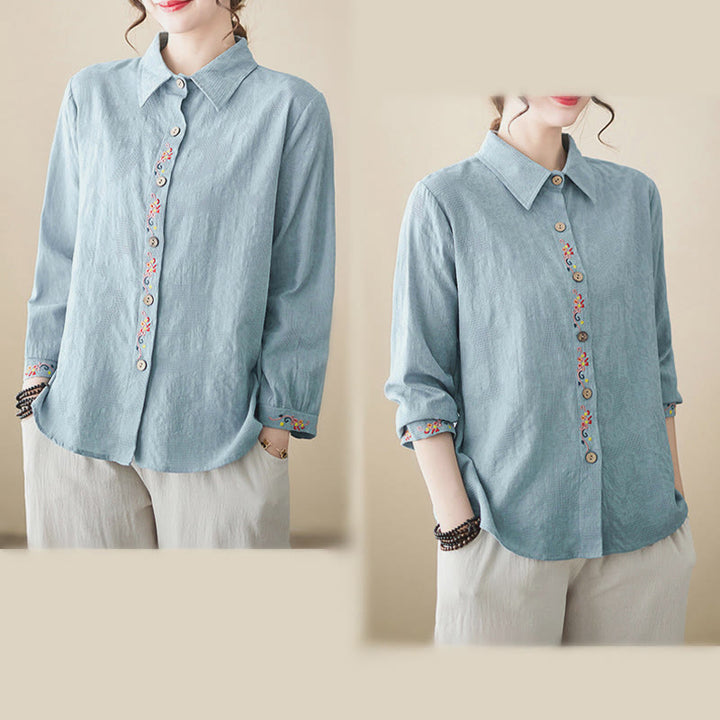 Camicia da donna in cotone con risvolto, a maniche lunghe, con motivo floreale ricamato, motivo Buddha Stones Spring - image 6