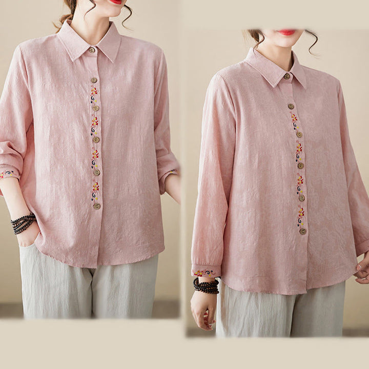 Camicia da donna in cotone con risvolto, a maniche lunghe, con motivo floreale ricamato, motivo Buddha Stones Spring - image 14
