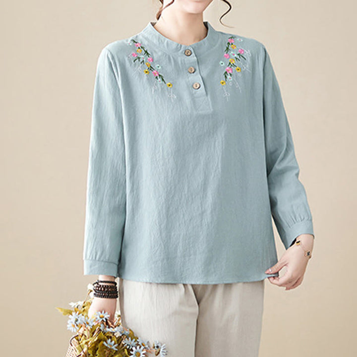 Camicia da donna in cotone con risvolto, a maniche lunghe, con motivo floreale ricamato, motivo Buddha Stones Spring - image 2