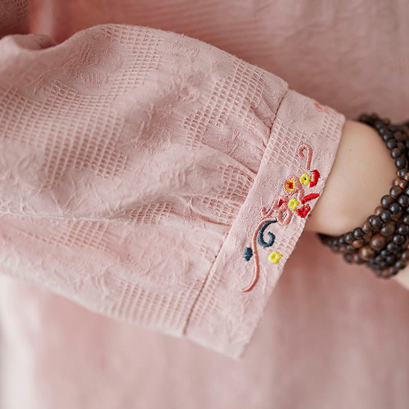 Camicia da donna in cotone con risvolto, a maniche lunghe, con motivo floreale ricamato, motivo Buddha Stones Spring - image 18