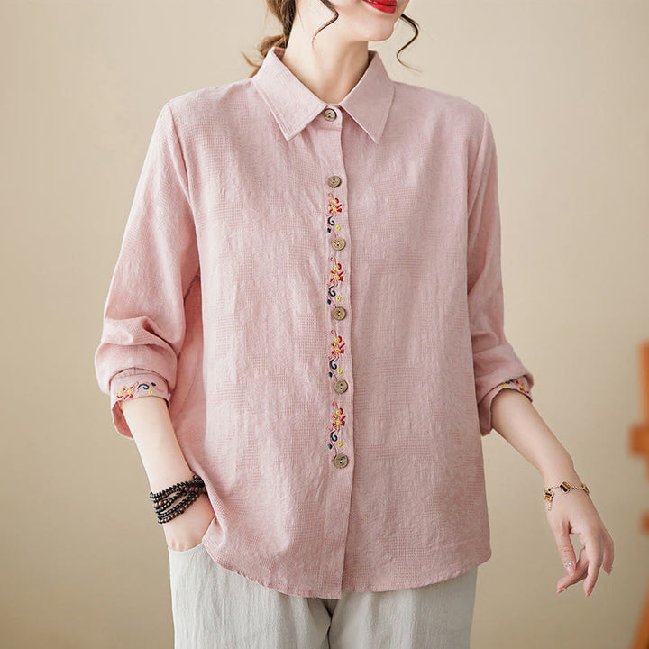 Camicia da donna in cotone con risvolto, a maniche lunghe, con motivo floreale ricamato, motivo Buddha Stones Spring - Rosa chiaro - US12, UK/AU16, EU44 (3XL) - image 7