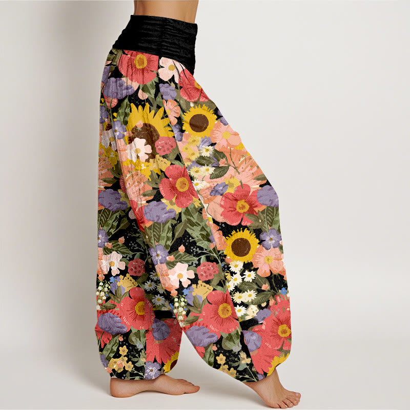 Pantaloni harem da donna con elastico in vita, motivo con piccoli fiori rossi e viola, in puro cotone, con motivo a girasoli colorati e margherite Buddha Stones - image 2