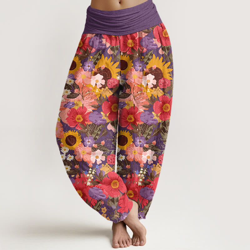 Pantaloni harem da donna con elastico in vita, motivo con piccoli fiori rossi e viola, in puro cotone, con motivo a girasoli colorati e margherite Buddha Stones - Orchidea scura - US16, UK/AU20, EU48 (3XL) - image 5