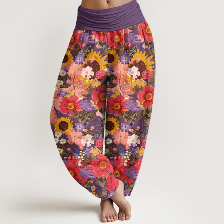 Pantaloni harem da donna con elastico in vita, motivo con piccoli fiori rossi e viola, in puro cotone, con motivo a girasoli colorati e margherite Buddha Stones - Orchidea scura - US16, UK/AU20, EU48 (3XL) - image 5