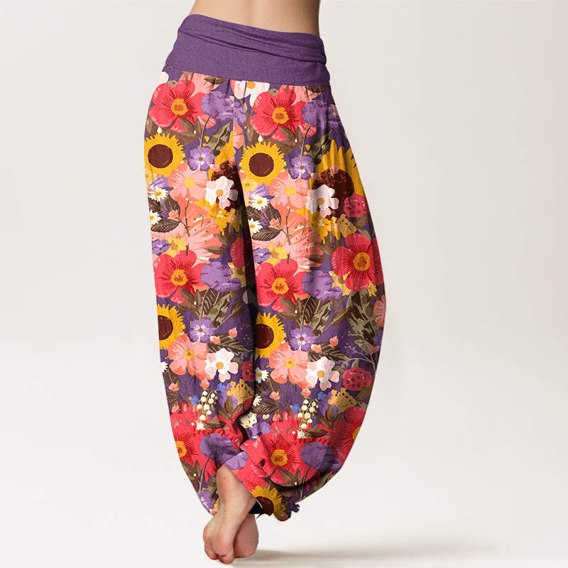 Pantaloni harem da donna con elastico in vita, motivo con piccoli fiori rossi e viola, in puro cotone, con motivo a girasoli colorati e margherite Buddha Stones - image 6