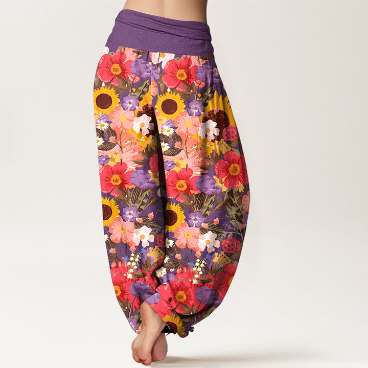Pantaloni harem da donna con elastico in vita, motivo con piccoli fiori rossi e viola, in puro cotone, con motivo a girasoli colorati e margherite Buddha Stones - image 6