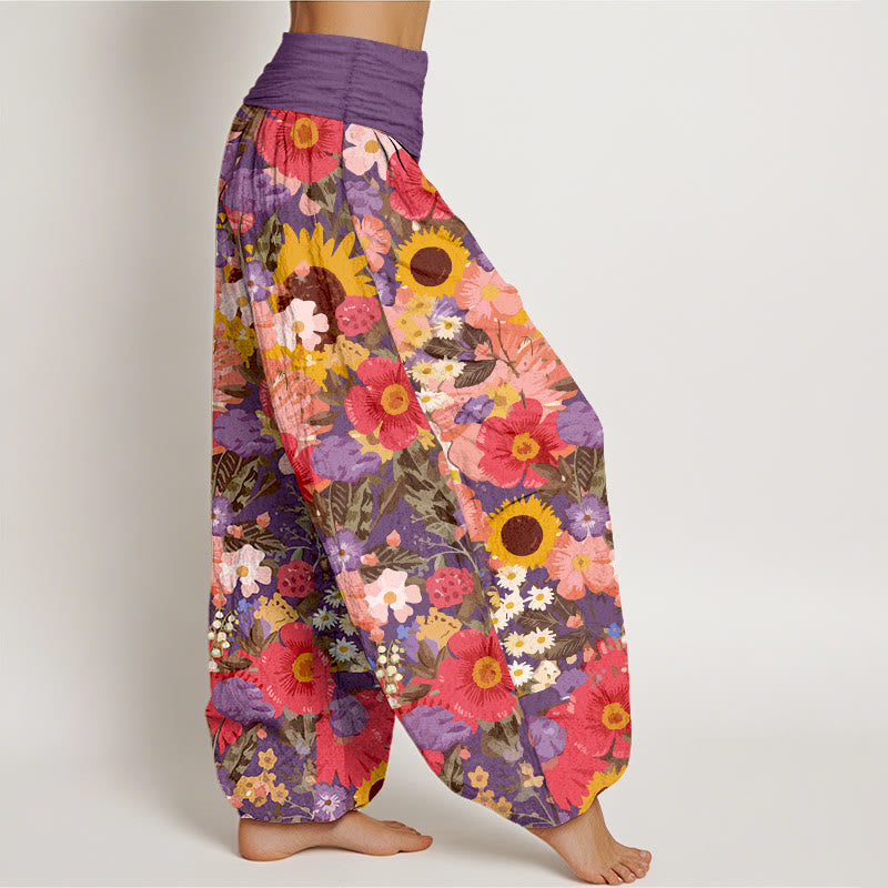 Pantaloni harem da donna con elastico in vita, motivo con piccoli fiori rossi e viola, in puro cotone, con motivo a girasoli colorati e margherite Buddha Stones - image 7