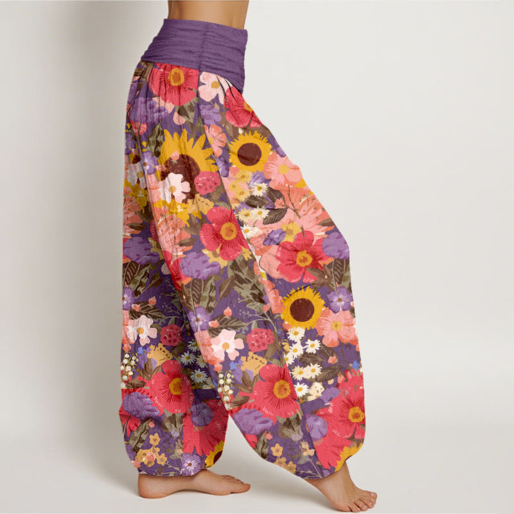 Pantaloni harem da donna con elastico in vita, motivo con piccoli fiori rossi e viola, in puro cotone, con motivo a girasoli colorati e margherite Buddha Stones - image 7