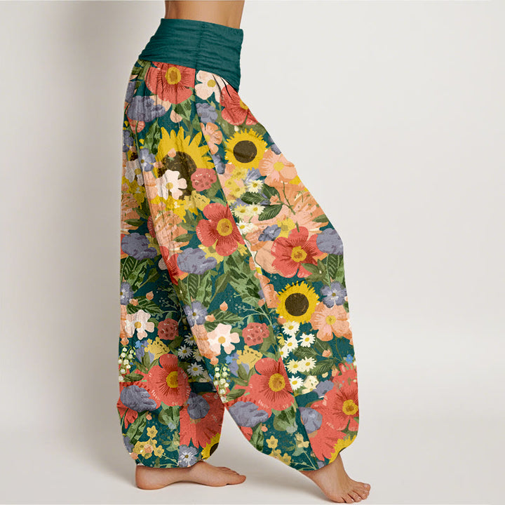 Pantaloni harem da donna con elastico in vita, motivo con piccoli fiori rossi e viola, in puro cotone, con motivo a girasoli colorati e margherite Buddha Stones - image 10