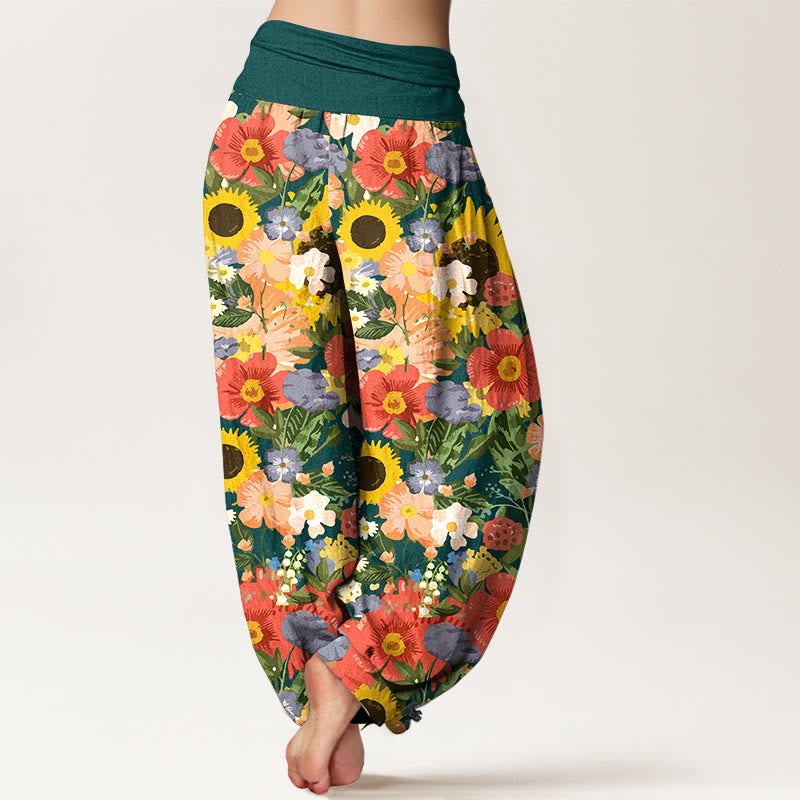 Pantaloni harem da donna con elastico in vita, motivo con piccoli fiori rossi e viola, in puro cotone, con motivo a girasoli colorati e margherite Buddha Stones - image 9