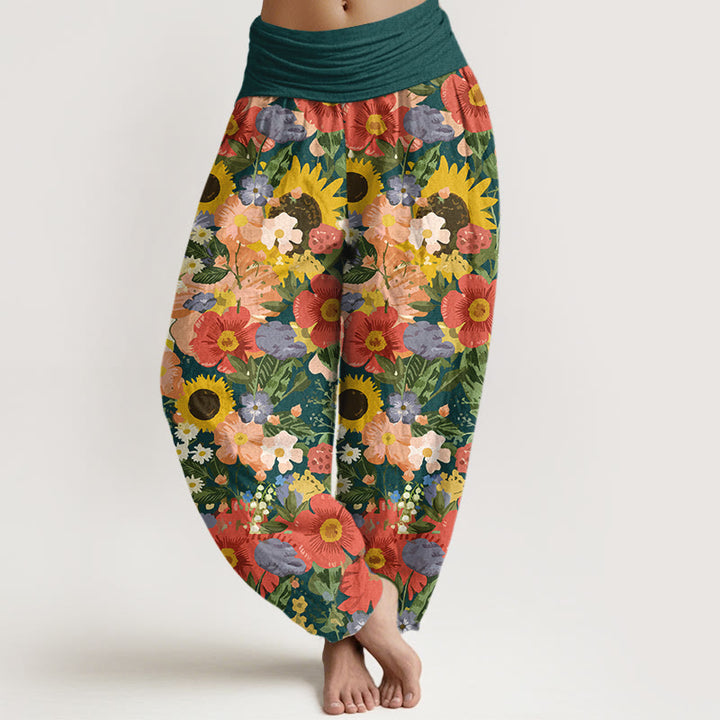 Pantaloni harem da donna con elastico in vita, motivo con piccoli fiori rossi e viola, in puro cotone, con motivo a girasoli colorati e margherite Buddha Stones - Verde scuro - US16, UK/AU20, EU48 (3XL) - image 8